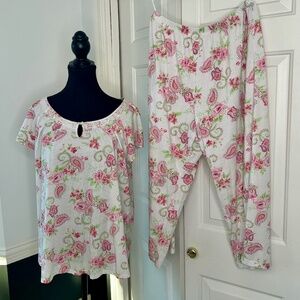 Aria Pajama Set-White and Pink & Green Floral Design-Top and Capri Bottoms L